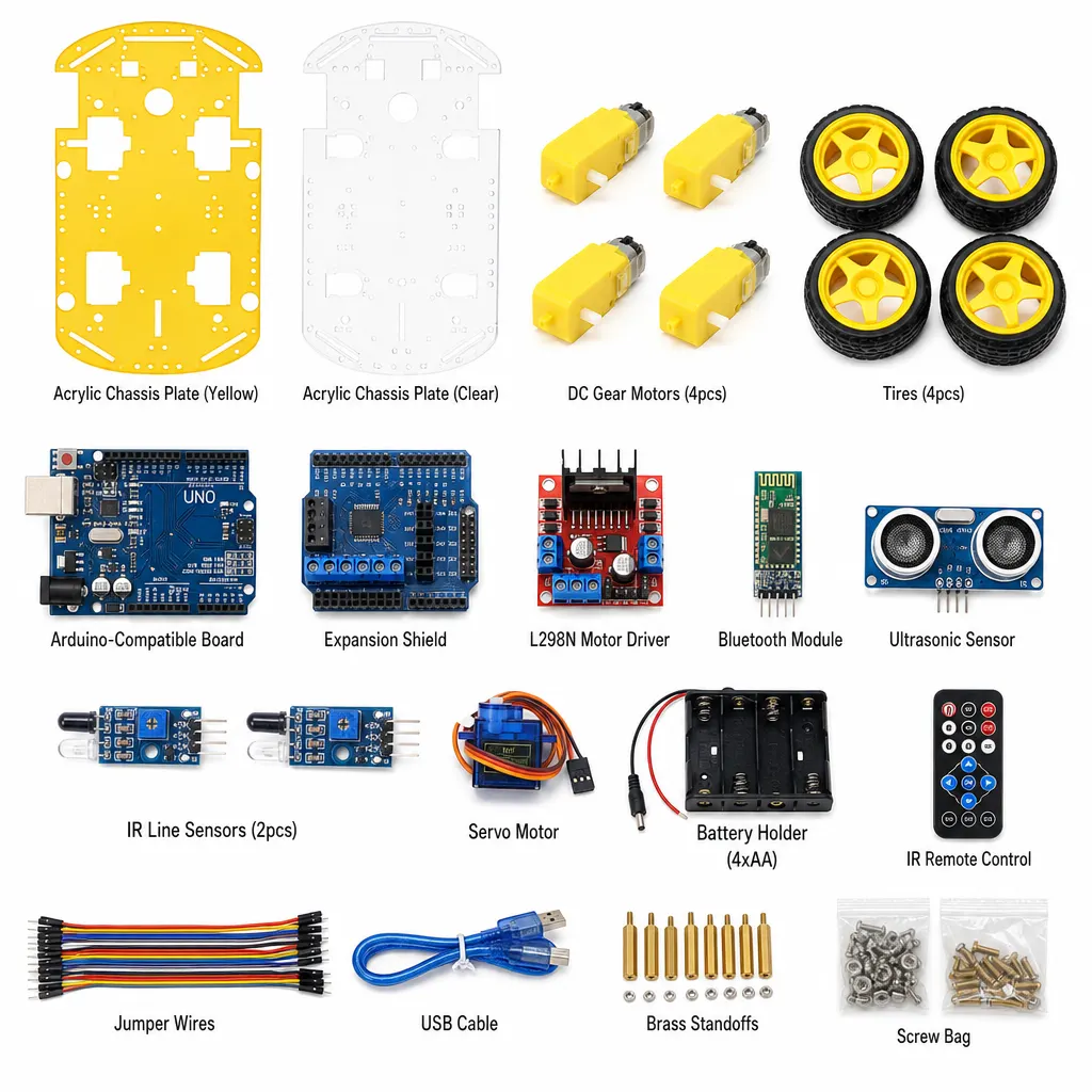 Bluetooth Robot Car Kit and included accessories